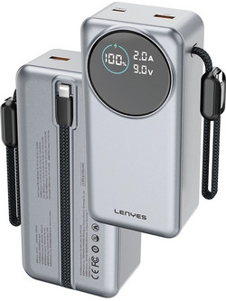 Lenyes PX3004D Power Bank 30000mAh 22.5W με Ενσωματωμένα Καλώδια USB-C & Lightning Silver