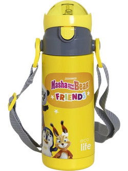 Ecolife Masha & Friends Παιδικό Παγούρι Θερμός Ανοξείδωτο με Καλαμάκι Κίτρινο 400ml