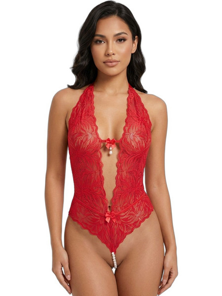 Milena By Paris Sexy Κορμάκι String Αυτοκινήτου See Through με Δαντέλα Κόκκινο 2541