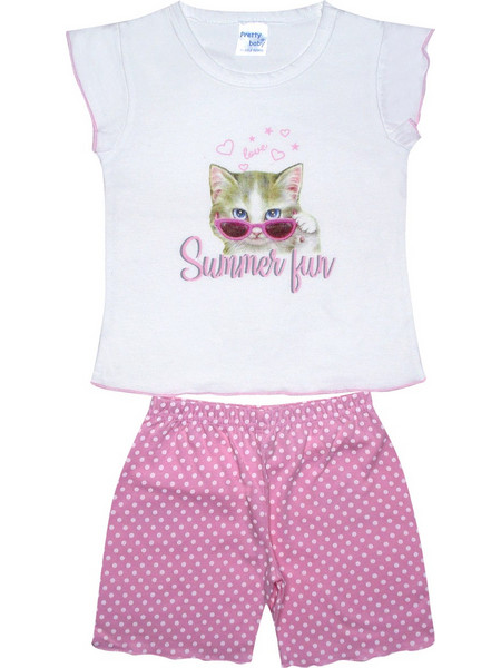 Pretty Baby Symmer Cat Παιδική Πιτζάμα Βαμβακερή Καλοκαιρινή Λευκή Ροζ 65526