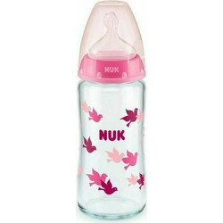 Nuk First Choice+ Γυάλινο Μπιμπερό με Θηλή Σιλικόνης κατά των Κολικών 0-6m Πουλάκια Pink 240ml