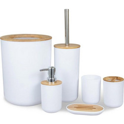 Σετ Αξεσουάρ μπάνιου πλαστικό 6 τεμαχίων με bamboo λεπτομέρειες, 19.5x19.5x26 cm - Aria Trade
