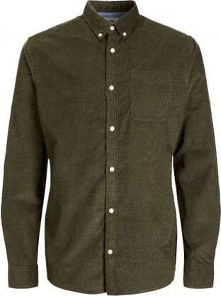 Jack & Jones Ανδρικό Πουκάμισο Κοτλέ Μακρυμάνικο Slim Fit Μαύρο Χακί 12235981
