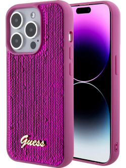 Guess Sequin Script Metal Back Cover Fuchsia (iPhone 15 Pro)