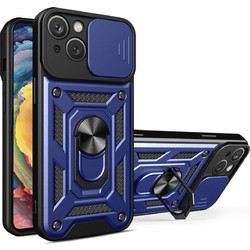 Hybrid Armor Camshield Case with Stand and Camera Cover for iPhone 15 Plus - Blue