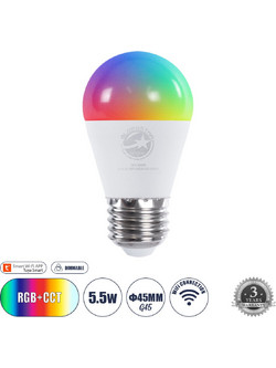 60489 Έξυπνη Λάμπα LED E27 G45 Γλομπάκι Smart Home Wifi 5.5W 550lm 260 AC 220-240V IP20 Φ4.5 x Υ8.8cm RGB+CCT - Εναλλαγή Φωτισμού & Dimming μέσω Εφαρμογής Tuya - Bridgelux Chip