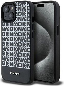 DKNY Leather Printed Pattern Metal Logo MagSafe Case for iPhone 15/14/13 - Black