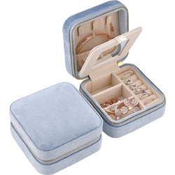 Ghetto Velvet Portable Jewelry Organizer Box with Mirror | Travel Storage Case for Rings, Earrings + Necklaces Blue