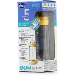 Chicco Perfect 5 Πλαστικό Μπιμπερό με Θηλή Σιλικόνης κατά των Κολικών 2m+ Yellow 240ml