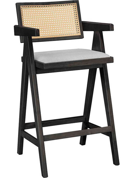 Σκαμπό bar Winslow ξύλο rubberwood μαύρο-pvc rattan φυσικό-ύφασμα γκρι