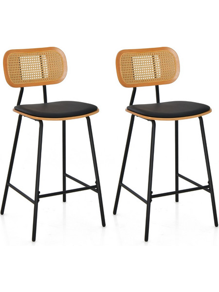 Costway Σετ 2 Μπαρ Σκαμπό Rattan με Άνετη Ρατάν Πλάτη JV11222BK-2
