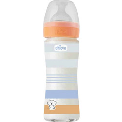 Chicco Boy Well Being Γυάλινο Μπιμπερό με Θηλή Σιλικόνης κατά των Κολικών 0m+ Ciel/Orange 240ml