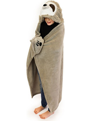 Παιδική Κουβέρτα Fleece 100cm x 130cm με κουκούλα σχέδιο sloth Noxxiez BL809 ΜΠΕΖ