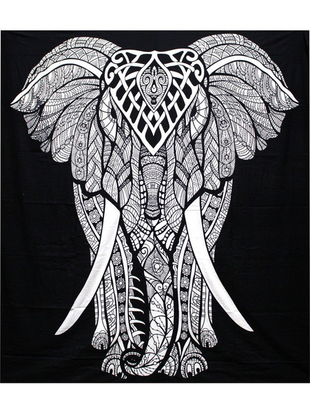 B&W Double Cotton Bedspread + Wall Hanging - Elephant