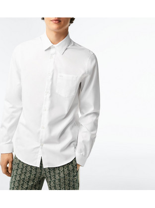 Lacoste Ανδρικό Πουκάμισο Βαμβακερό Μακρυμάνικο Κανονική Γραμμή Λευκό 3CH8522-001