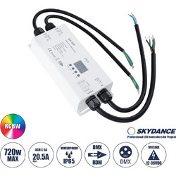 71571-IP65 D4-WP SKYDANCE DC DMX & RDM Dimmer High Speed Controller / Decoder 4 Καναλιών DC 12-36V 4 x 5A 180W - Max 20.5A 720W - Αδιάβροχος IP65 Μ17 x Π8 x Υ4