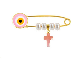 Παραμάνα ματάκι ροζ με σταυρό χρυσό Κ18 με pink quartz και μαργαριτάρι - R125917PQ