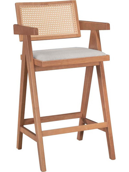 Σκαμπό bar Winslow pakoworld ξύλο rubberwood ανοικτό καρυδί-pvc rattan φυσικό-ύφασμα γκρι