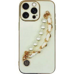 Vivid Silicone Pearl Chain Holder Case White/Gold (iPhone 13 Pro Max)