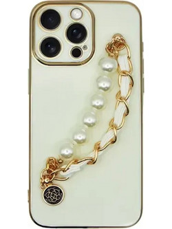 Vivid Silicone Pearl Chain Holder Case White/Gold (iPhone 13 Pro Max)