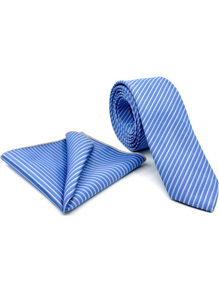 Μπλε Ρουά Γραβάτα με Λεπτή Ρίγα Microfiber Σετ με Μαντήλι 6,5 cm