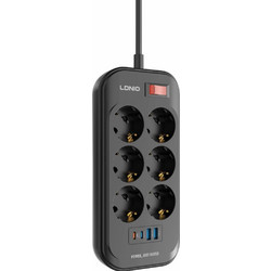Ldnio SE6403C Πολύπριζο 6 Θέσεων με Διακόπτη 2 USB-A και 2 USB-C και Καλώδιο 2m Μαύρο