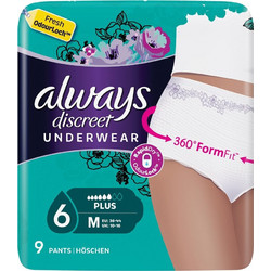 Always Discreet Pants Plus Medium Πάνες Βρακάκι Ακράτειας 6 Σταγόνες 9τμχ
