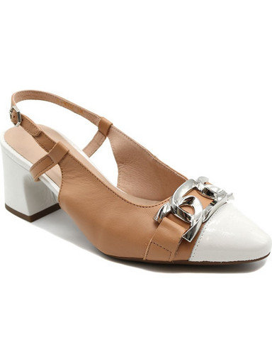 Wonders Γόβες Slingback Δερμάτινες με Χοντρό Χαμηλό Τακούνι Λευκές Ταμπά I-9002