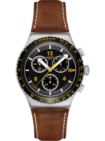Swatch New Irony Ανδρικό Ρολόι Χρονογράφος με Καφέ Δερμάτινο Λουράκι YVS530