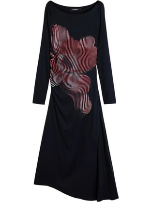 Desigual Midi Βραδινό Φόρεμα Floral Ριπ Μαύρο 26SWVW10-2000