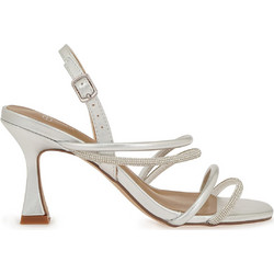 Exe Γυναικεία Πέδιλα Δερμάτινα Ασημί με Λεπτό Χαμηλό Τακούνι και Στρας W490E0254-E94