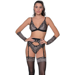 Milena By Paris Σετ Ζαρτιέρες Κάλτσες & Εσώρουχο με Δαντέλα See Through Μαύρες Ασημί 9198