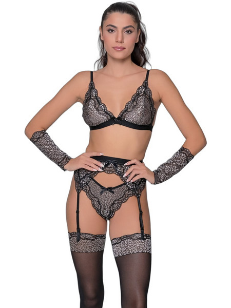 Milena By Paris Σετ Ζαρτιέρες Κάλτσες & Εσώρουχο με Δαντέλα See Through Μαύρες Ασημί 9198