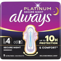 Always Platinum Secure Night Ultra Μέγεθος 4 Σερβιέτες με Φτερά για Αυξημένη Ροή 6 Σταγόνες 5τμχ