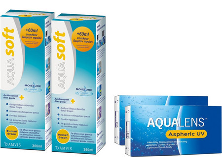 Amvis Aqualens Aspheric UV Μηνιαίοι Φακοί Επαφής Υδρογέλης 12τμχ + 2 Υγρά Aquasoft 2x360ml
