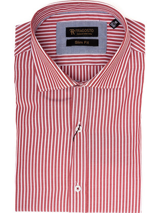 Fragosto Rex Ανδρικό Πουκάμισο Βαμβακερό Ριγέ Μακρυμάνικο Κανονική Γραμμή Κόκκινο
