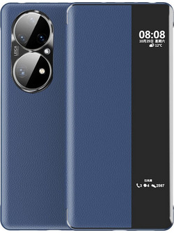 Θήκη Huawei P50 Pro OEM Half Mirror View Stand Cover v5 με μαγνητικό κούμπωμα από συνθετικό δέρμα μπλε σκούρο