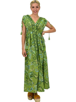 Γυναικείο μεταξωτό boho φόρεμα με κρόσια Πράσινο 21186