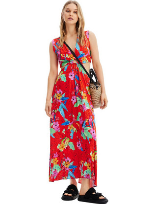 Desigual Praga Maxi Καλοκαιρινό Καθημερινό Φόρεμα Floral Κρουαζέ Κόκκινο 23SWVW73