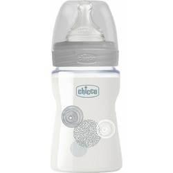 Chicco Well-Being Γυάλινο Μπιμπερό με Θηλή Σιλικόνης κατά των Κολικών 0m+ Grey Circles 150ml