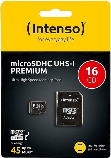 Κάρτα Μνήμης Intenso Premium microSDHC 16GB Class 10 U1 UHS-I + Adapter