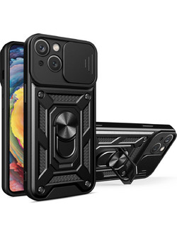 Hybrid Armor Camshield Case with Stand and Camera Cover for iPhone 15 Plus - Black