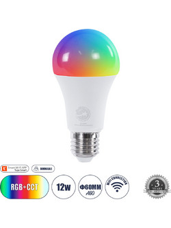60490 Έξυπνη Λάμπα LED E27 A60 Γλόμπος Smart Home Wifi 12W 1200lm 260 AC 220-240V IP20 Φ6 x Υ12cm RGB+CCT - Εναλλαγή Φωτισμού & Dimming μέσω Εφαρμογής Tuya - Bridgelux Chip