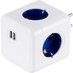 Globostar(R) travel powercube pro certified 79638 πολύπριζο 6 θέσεων με 4 πρίζες ασφαλείας childproof eu schuko ac 220-240v & 2 πρίζες usb max 2.1a/dc 5v μ7.5 x π11.5 x υ7.5 - λευκό με μπλε - max load