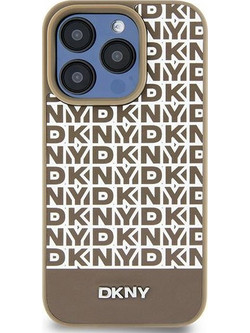 DKNY Leather Printed Pattern Metal Logo MagSafe Case for iPhone 15 / 14 / 13 - Brown