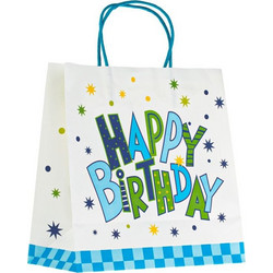 Τσάντα Δώρου Kraft Λευκή Γαλάζια Αστέρια Καρό Happy Birthday 26x12x26cm