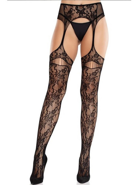 LEG AVENUE - LACE STOCKINGS WITH GARTERS BLACK
