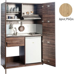 Πολυκουζίνα mini kitchen 125cm απόχρωση ξύλου δρυός ρόζοι με αριστερή γούρνα και μεγάλες πόρτες για φοιτιτικά studios, γραφεία &καταλύματα - ΚΣ125-ΠΟΡΤΕΣ-ΔΡΥΣ- ΡΟΖΟΙ