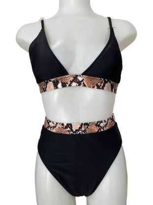 Γυναικείο Σετ Μπικίνι με Ψηλόμεσο Σλίπ Και Animal Print (Καφέ) λεπτομέρεια σε Μαύρο χρώμα Μαύρο