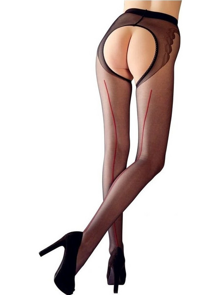 Crotchless Pantyhose with Red Stripe, Black